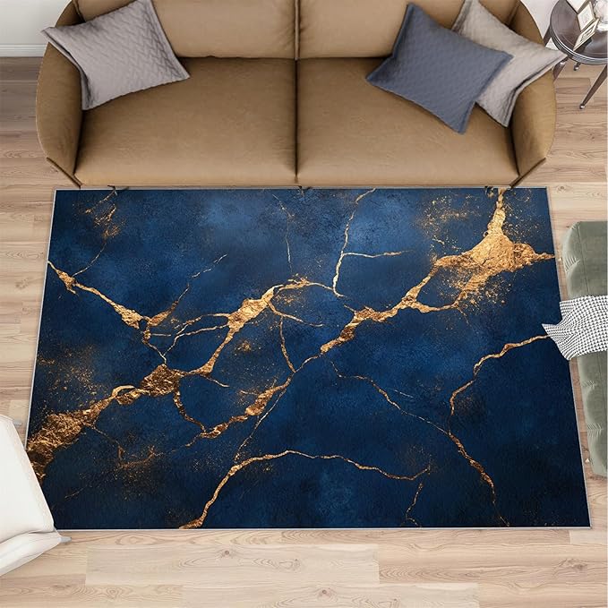 6x9 Abstract Marble Living Room Rug - Dark-Blue-Marble Bedroom Carpet, Luxury Stone Pattern Classroom Rug for Carpet Boy Bedroom Office Nursery Hardwood Home Decor