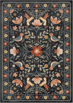 Moynesa 3x5 Entryway Rug Indoor, Modern Transitional Washable Non-Slip Low Pile Black Area Rug for Bedroom Kitchen Entry,Lightweight Foldable Farmhouse Floral Bird Carpet Folk Art Home Decor