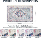 Lahome Boho Round Rug - 9Ft Washable Area Rug, Non-Slip Small Bathroom Rug, Lightweight Bedroom Throw, Oriental Distressed Print Carpet for Entryway, Sofa, Nursery, Kids Room