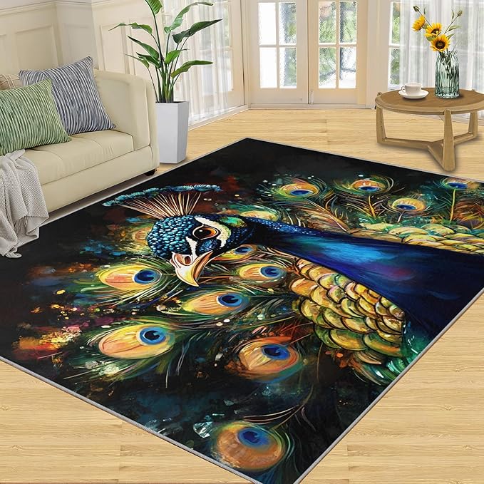 Peacock Rugs for Bedroom - 5x8 Area Rug - 3D Peacock Rugs for Living Room, Abstract Watercolor Animal Rug, Non-Slip Washable Home Decor Carpet