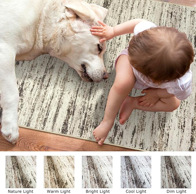 Modern Abstract Runner Rug, 2x6 Feet, Beige, Faux Wool, Machine Washable, Non-Slip, Soft, Kid & Pet Friendly