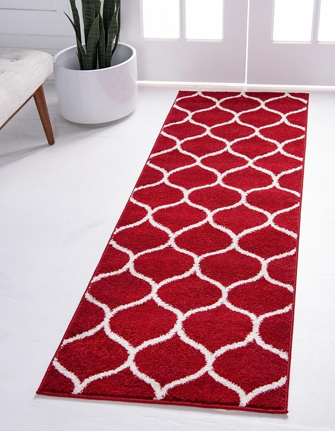 Rugs.com Lattice Frieze Collection Rug – 12 Ft Runner Red Medium-Pile Rug Perfect for Hallways, Entryways