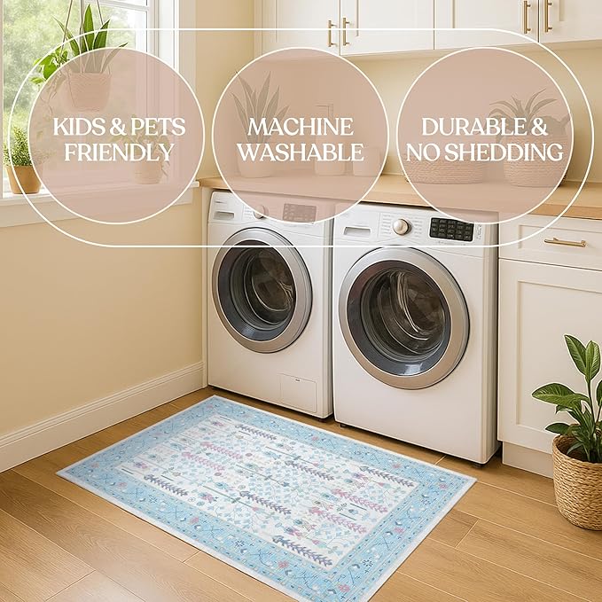 Fame Living Cream Blue Oushak Runner Rug, Modern Runners, Turkish, Eclectic, Pastel, Washable, Small Rugs, Short Runner for Hallway, Entryway, Laundry, Foyer, Bedroom, Kitchen, Bathroom, 2'5"x6'5"