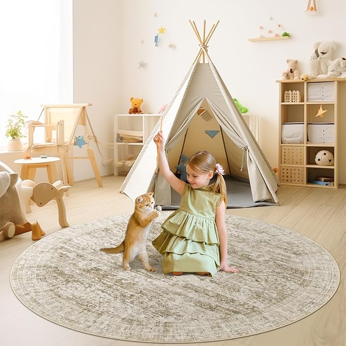 9x9 Brown Round Rug 9ft Living Room Circle Rug Vintage Round Area Rug Non Slip Indoor Carpet for Apartment