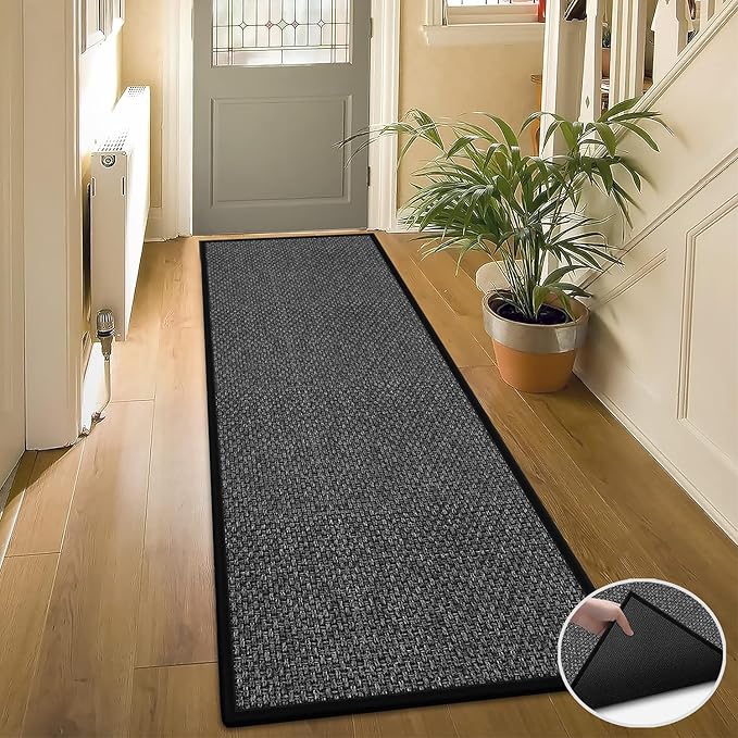 7ft Jute Kitchen Mats for Floor, Water Absorbent Long Kitchen Rug Rubber Backed Indoor Entryway Runner, Black Runners for Hallway Non Skid