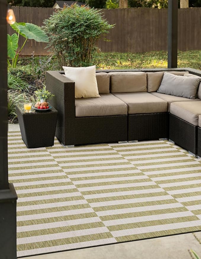 Unique Loom Outdoor Striped Collection Area Rug - Striped (12' Square Green/Ivory)