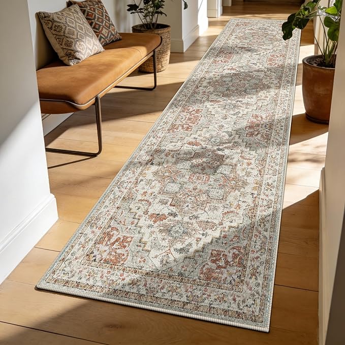 Enkor Runner Rugs for Hallway, 2x8 Washable Soft Boho Non Slip Floor Rugs for Kitchen, Modern Mat for Living Room Bedroom Entryway Beige & Orange