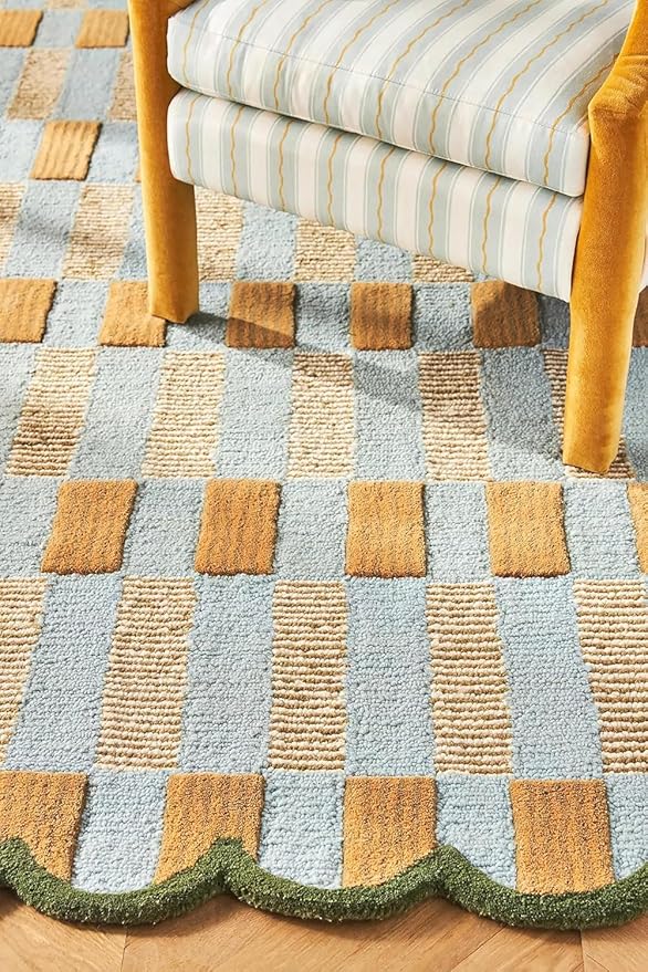 Hand-Tufted Wool Rug with Scalloped Edges, Light Blue Plaid Pattern, Cozy Soft Area Rug for Living Room, Bedroom, and Nursery, Handmade Modern Accent Rug (Blue, 8X10 FEET)
