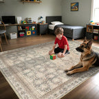 Large 8x10 Washable Area Rug for Living Room, No Shedding Vintage Floral Print Rugs Non Slip, Indoor Foldable Thin Retro Accent Carpet for Bedroom Farmhouse Dining Room Beige/Pink/Orange