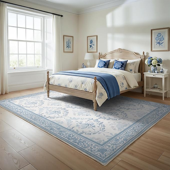 SOULFUL Medium Pile 8x10 Rugs for Living Room - Soft Underfoot Large Area Rug - Mist Blue Boho Floral - Washable Non-Slip - Perfect for Bedroom Kids Room Under Dining Table Office