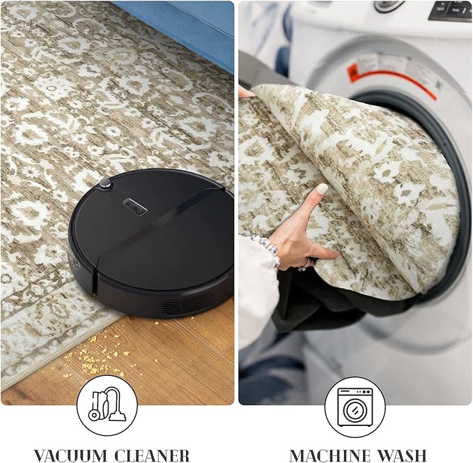Vintage Floral 2x5 Runner Rug, Beige Tan White Washable Hallway Runner Rug Non-Slip Kitchen Rug Runner Super Soft Thin Printed Faux Wool Carpet for Entryway Bedroom Bedside Laundry Room Indoor