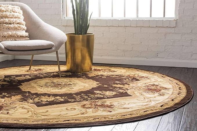 Unique Loom Versailles Collection Traditional Classic Floral Motif Area Rug (6' 0 x 6' 0 Round, Brown/ Ivory)