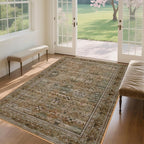 5x7 Washable Area Rug for Living Room Dining Room, Distressed Non Slip Vintage Floral Rugs for Bedroom, Traditional Indoor Floor Carpet for Dining Kitchen Farmhouse Brown with Green