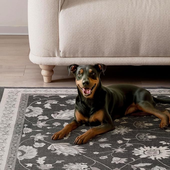 EVERGRACE Area Rugs for Living Room 5x7, Boho Floral Faux Wool Indoor Outdoor Rugs, Washable Rugs for Bedroom Dining Room Entryway Kitchen, Low Pile Floor Mat Carpet for Home Decor, Ebony Black
