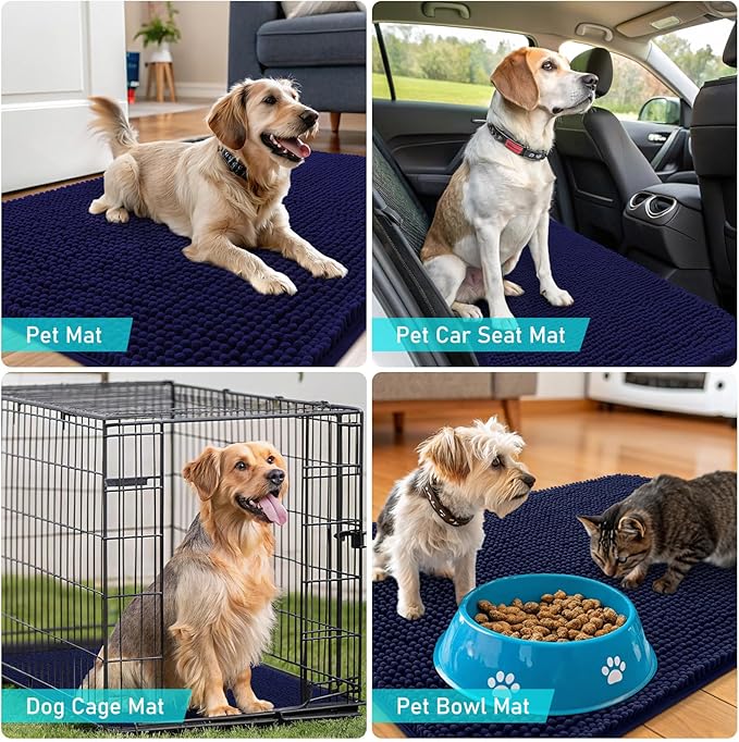 OLANLY Dog Door Mat for Muddy Paws 47x32, Absorbs Moisture and Dirt, Absorbent Non-Slip Washable Doormat, Quick Dry Chenille Mud Mat for Dogs, Entry Indoor Entryway Carpet for Inside Floor, Navy Blue
