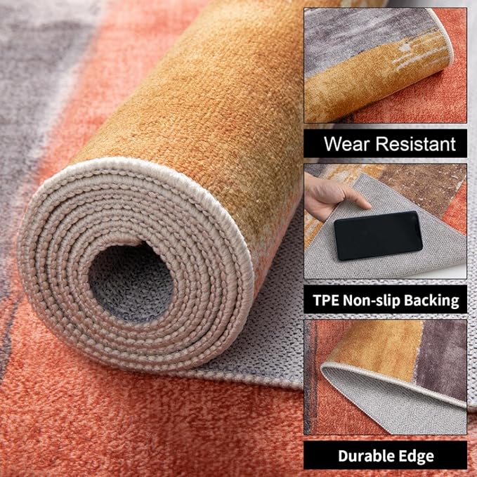 Ciicool Modern Abstract Area Rug 2x3 Washable Small Entryway Rug, Non-Slip Low Pile Throw Rugs, Foldable Kitchen Bathroom Rugs, Red Yellow Grey Floor Carpet for Entrance Bedroom Indoor Doormat