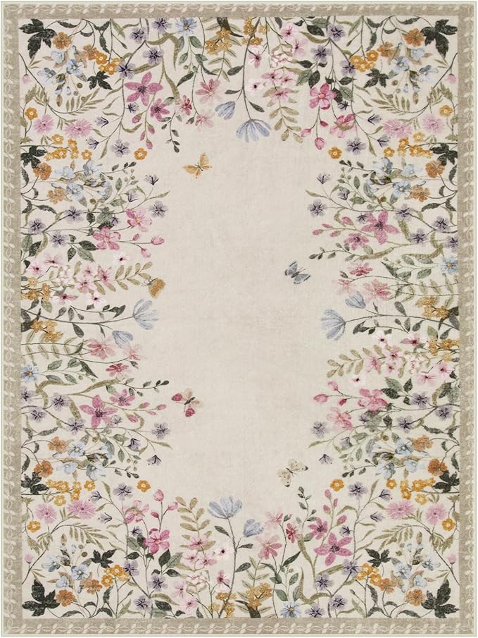 Wonnitar Washable Boho Floral 9x12 Rugs for Bedroom, Non-Slip Living Room Area Rug, Cute Nursery Large Botanical Area Rug, Soft Floor Carpet for Playroom Closet (Beige,9'x12')