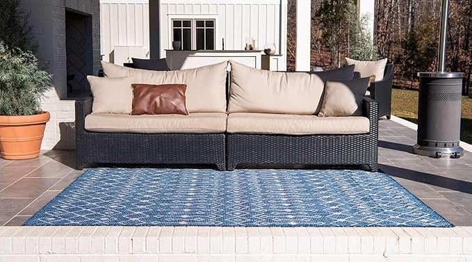 Unique Loom Outdoor Trellis Collection Area Rug - Tribal Trellis (10' x 13' 1" Rectangle, Blue/ Ivory)