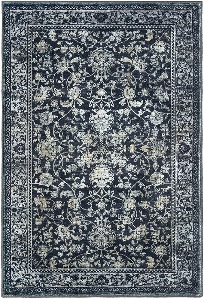 KILOCOCO Area Rug 6x9 Living Room Rug Washable Printed Vintage Floral Non Slip Soft Rubber Backed Indoor Bedroom Rugs for Laundry Room Kitchen Playroom Moroccan Area Rugs, Navy/Charcoal