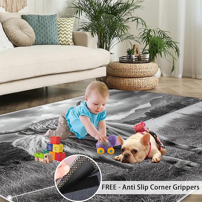 Highland Cattle Rugs for Bedroom - 6x8 Area Rug - Black White Highland Cattle Rugs for Living Room, 3D Natural Landscape Rug, Non-Slip Washable Home Decor Carpet