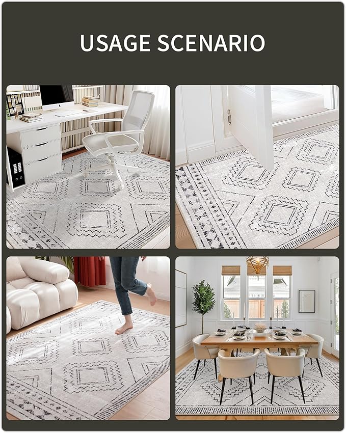 ILANGO Area Rugs 5x7, Moroccan Grey Rugs for Living Room Machine Washable Area Rugs Dedroom with Rubber Backing Non Slip Carpet for Farmhouse Dining Room, Ultra-Thin, Foldable, Easy Clean