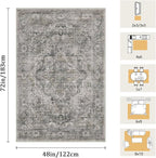 4x6 Machine Washable Area Rug for Living Room, Olive Grey Boho Vintage Floral Rug Large Non-Slip Low Pile Soft Faux Wool Carpet, Kids and Pets Friendly for Bedroom Dining Room Farmhouse Decor Rug