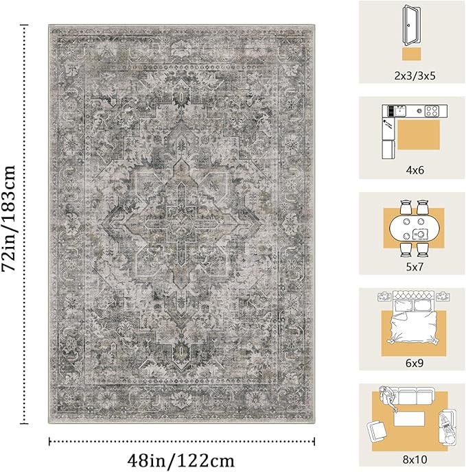 4x6 Machine Washable Area Rug for Living Room, Olive Grey Boho Vintage Floral Rug Large Non-Slip Low Pile Soft Faux Wool Carpet, Kids and Pets Friendly for Bedroom Dining Room Farmhouse Decor Rug