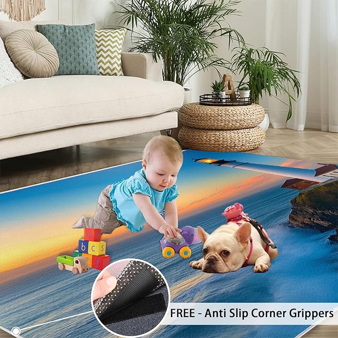 Coastal Rugs for Bedroom - 5x8 Area Rug - Ocean Lighthouse Rugs for Living Room, Sunset Ocean Scenery Rug, Non-Slip Washable Home Decor Carpet