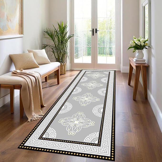 Boho Long Runners Carpet, 2.6x7ft, Modern Geometric Bohemian Print with Greek Key Grey Long Hallway Rug, Low-Profile Non Slip Rubber Backed Flat Rugs for Relax Room Entryways