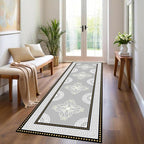 Boho Long Runners Carpet, 2x10ft, Modern Geometric Bohemian Print with Greek Key Grey Long Hallway Rug, Low-Profile Non Slip Rubber Backed Flat Rugs for Relax Room Entryways