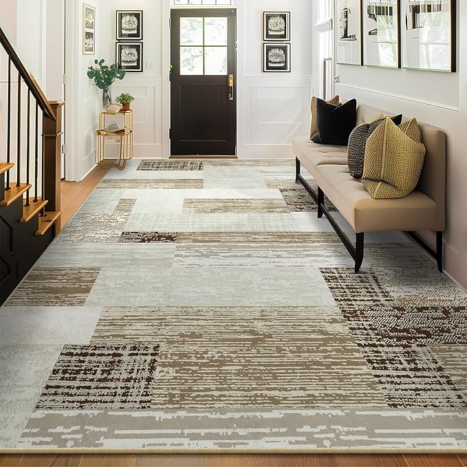 Large Area Rugs,Modern Geometric Patchwork Floor Decor for Bedroom Aesthetic Carpet, Rockwood Collection, Indoor Rugs for Living Room, Dining Room, Nursery, Office, Machine Washable Rug,5x8 Ft Beige