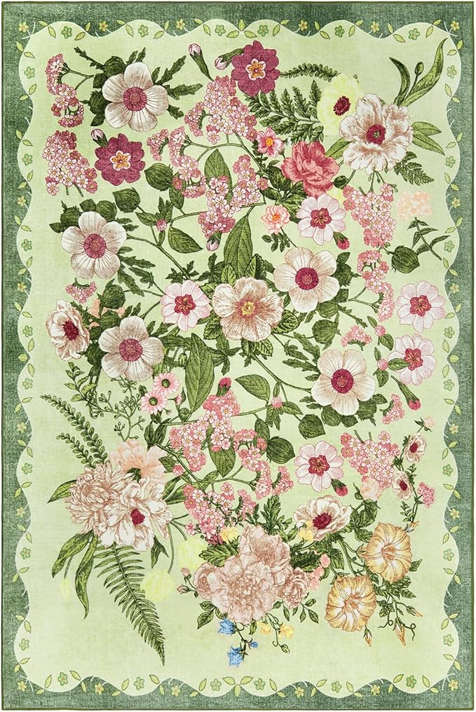 Floral Bedroom Rug - 4x6 Washable Area Rugs Non-Slip Soft Low-Pile Stain Resistant Carpet Flower Print Vintage Indoor Rug for Living Room Dining Room Office Nursery Room, Green