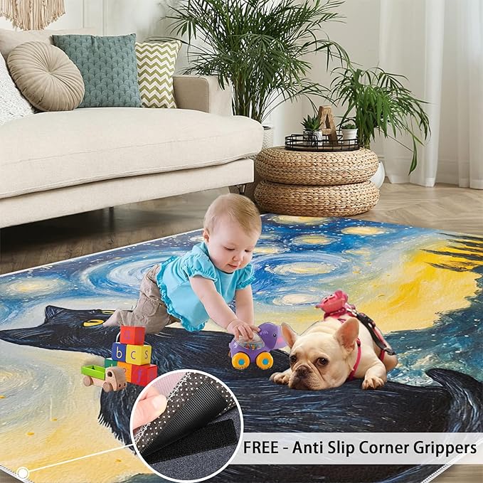 Black Cat Rugs for Bedroom - 4x6 Area Rug - Starry Sky Countryside Rugs for Living Room, Vintage Oil Painting Art Rug, Washable Home Decor Carpet