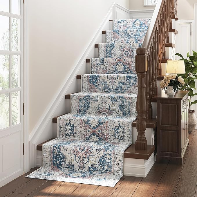 jinchan Kelda Runner Rug 3x10 Vintage Hallway Rug Washable Runner Retro Floor Cover Lightweight Non-Slip Low Pile Thin Distressed Carpet for Entryway Bathroom Laundry Room Bedroom Stairway Navy Blue