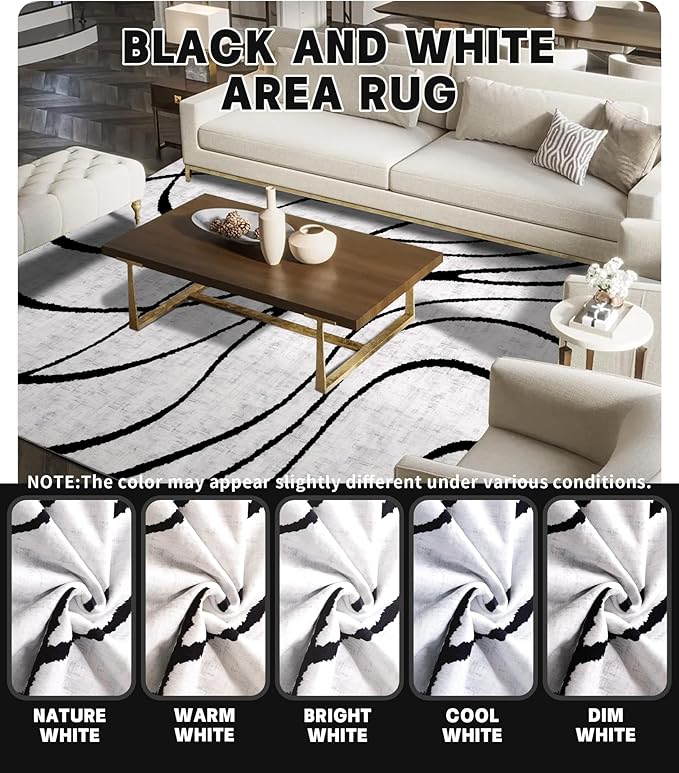 YIHOUSE Modern Rugs for Living Room, 8x10 Washable Black and White Area Rug, Thin Abstract Geometric Striped Rug, Area Rug for Bedroom,Kitchen,Dining Room,Office