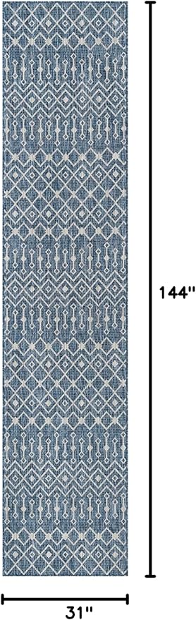 Unique Loom Outdoor Trellis Collection Area Rug - Tribal Trellis (2' 7" x 12' Runner, Blue/ Ivory)