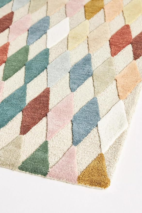 Hand-Tufted Wool Rug with Multicolor Diamond Pattern (8x10 Ft) - Modern Geometric Accent Rug for Living Room, Bedroom, or Office, Ivory Base