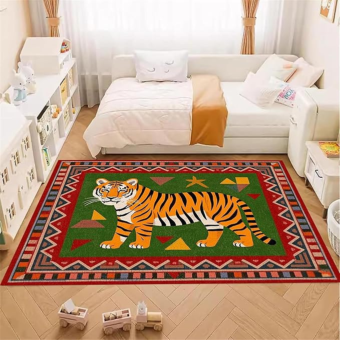 Colorful Tiger Pattern Area Rug, 5x7ft,Stylish Geometric Border Tiger Rug, Add Unique Charm To Your Home,Cute Animal Print Pattern Rugs Suitable for Children's Room Living Room Bedroom Farmhouse