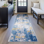 Washable Area Rugs 2'x8' Non-Slip Modern Abstract Soft for Living Room Entryway Bedroom Nursery, Print Pattern, Grey Blue Gold/Golden