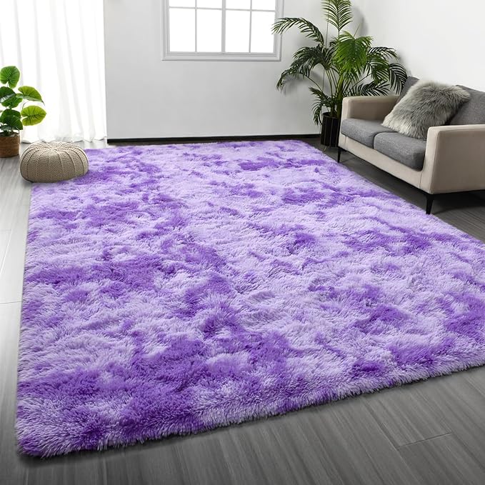 Large Shag Area Rugs 5 x 8, Tie-Dyed Plush Fuzzy Rugs for Living Room, Ultra Soft Fluffy Furry Rug for Bedroom, Indoor Carpet Nursery Rugs for Kids Room Home Decor, Purple
