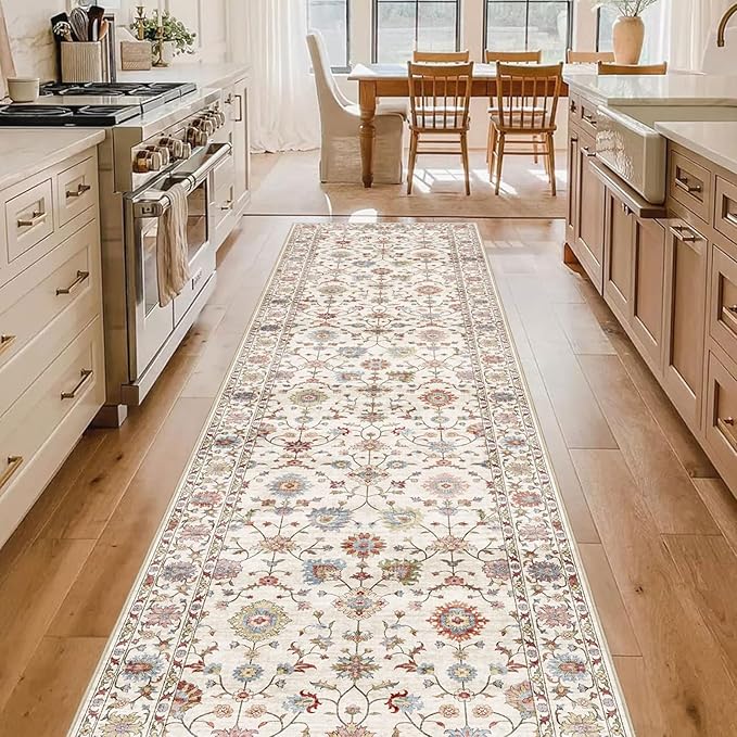 Runner Rugs for Hallway 2.5x10ft - Long Non-Slip Cream Colorful Washable Boho Runner Rug Low Pile Soft Vintage Bohemian Traditional Floral Carpet for Kitchen Living Room Entryway Bedroom Foyer