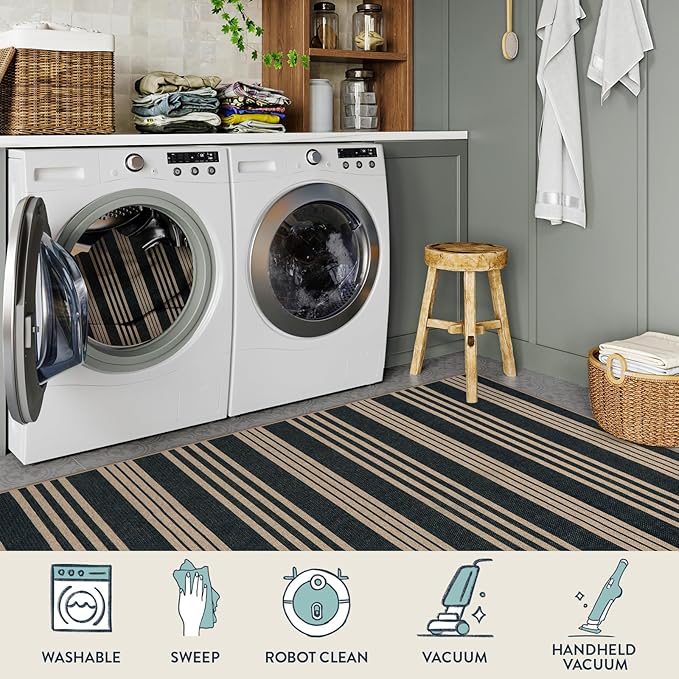Lahome Striped Easy Jute Rugs for Living Room, 6x9 Washable Indoor Outdoor Patio Rug, Neutral Thin Non Slip Non Shedding Black Dining Room Carpet for Under Table Mudroom Classroom