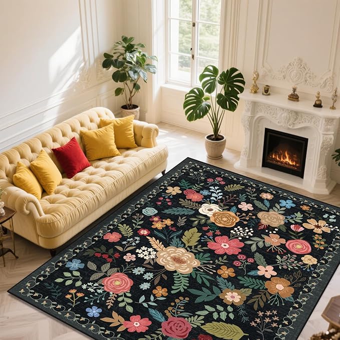 8x10 Area Rug, Floral Rugs for Living Room, Stain-Resistant Washable Bedroom Rug, Non-Slip Area Rugs for Dining Room Under Table, Indoor Rug for Home Office (8 x 10 Black)