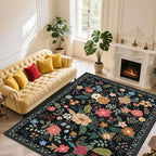 9x12 Area Rug, Floral Rugs for Living Room, Stain-Resistant Washable Bedroom Rug, Non-Slip Area Rugs for Dining Room Under Table, Indoor Carpet for Home Office (9 x 12 Black)