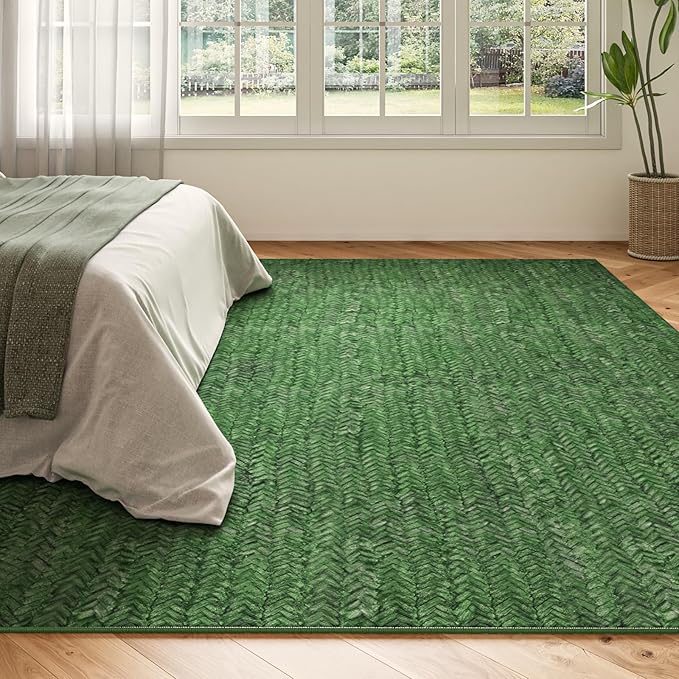 Eleisa Modern Vintage 10x14 Herringbone Chevron Area Rug, Non-Slip Stain Resistant Washable Rug, Green Large Rug for Living Room, Farmhouse Carpet for Bedroom, Kitchen, Dining Room, Home Office
