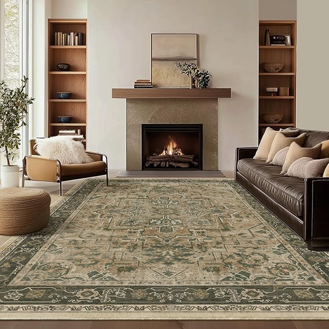 Vintage Distressed 8x10 Rugs for Living Room Bedroom, Washable Non Slip Dining Room Rugs for Under Table, Low Pile Thin Soft Carpet Moody Medallion Pattern Printed, Multi Brown/Slate Green
