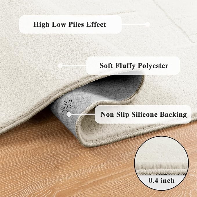 SHACOS Soft Cozy Fluffy Abstract Geometric High Low Pile Area Rugs 6'x9' Non Slip Washable Scandinavian Minimalist Rug Modern Carpet for Living Room Bedroom Dining Room, Cream