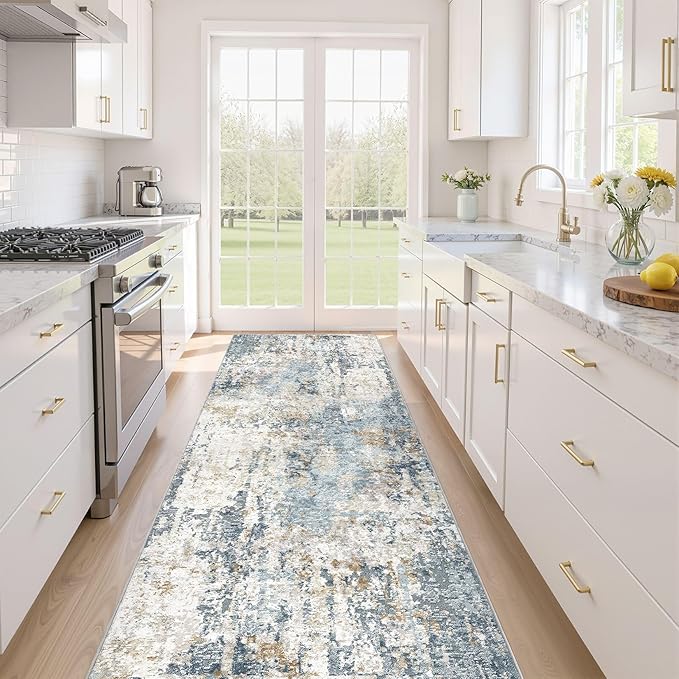 Runner Rug Non Slip Rugs: 3x8 Hallway Kitchen Washable Abstract Soft Modern Stain Resistant Indoor Floor Neutral Accent Throw Carpet for Bathroom Laundry Room Entryway Bedroom- Blue