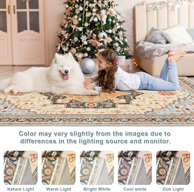 4x6 Orange Beige Area Rug for Living Room, Machine Washable Rugs with Non-Slip Backing for Bedroom, Vintage Medallion Carpet Kitchen Laundry Kids Room Decor