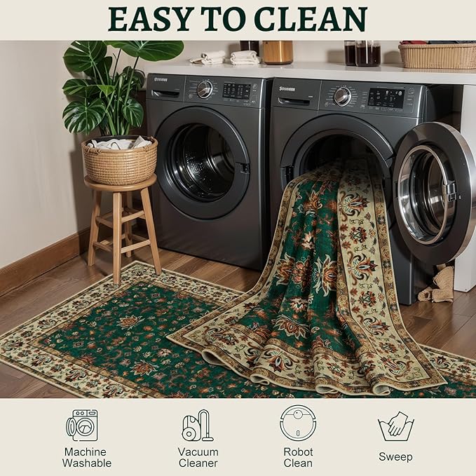 Tangsoo 5x7 Washable Rug, Floral Vintage Large Area Rugs for Living Room, Indoor Non Slip Print Floor Carpet, Soft Low Pile Machine Washable Rug for Bedroom Dining Room Dorm Home Decor Green